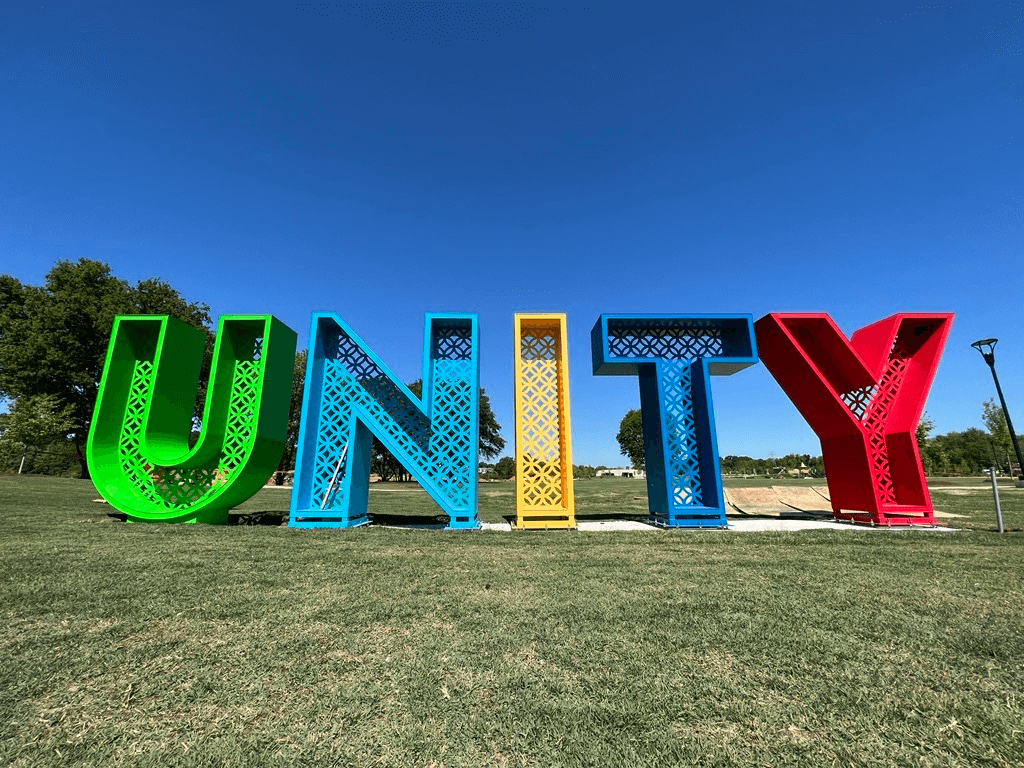 The colorful Unity Park sign.