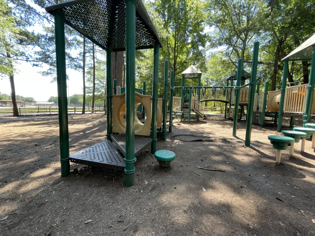 Playground equipment in a forest with bridges and different levels.