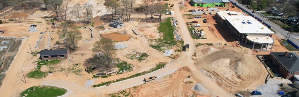 Overhead view of construction zone of the new Simpsonville City park and City Hall.